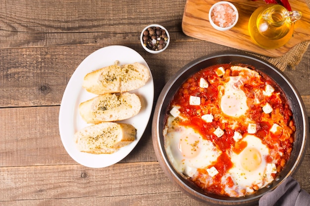 Shakshuka feito de ovos escalfados com molho de tomate e pimenta