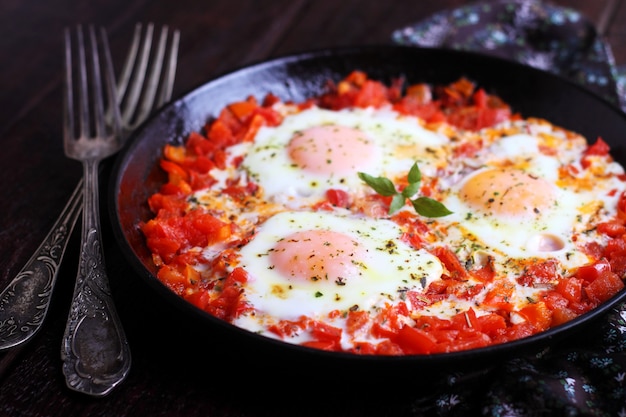 Shakshuka frito con verduras en una sartén