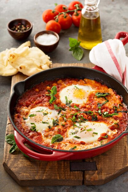 Shakshuka con garbanzos en una sartén