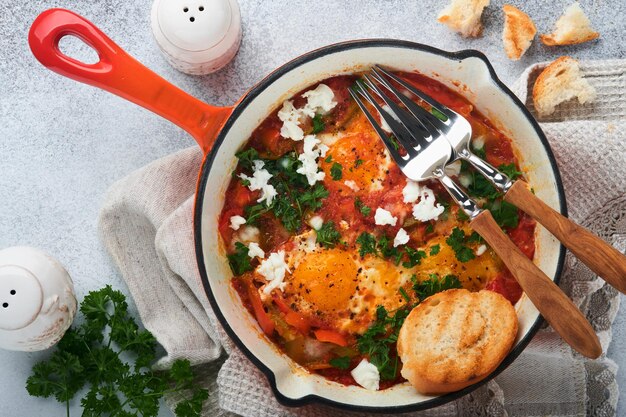 Shakshuka Hausgemachte Spiegeleier, pochiert in Sauce aus Tomaten, Olivenöl, Paprika, Zwiebeln und Knoblauch in einer eisernen Pfanne auf altem grauem Schieferhintergrund Traditionelle Küche Israels Spätes Frühstückskonzept