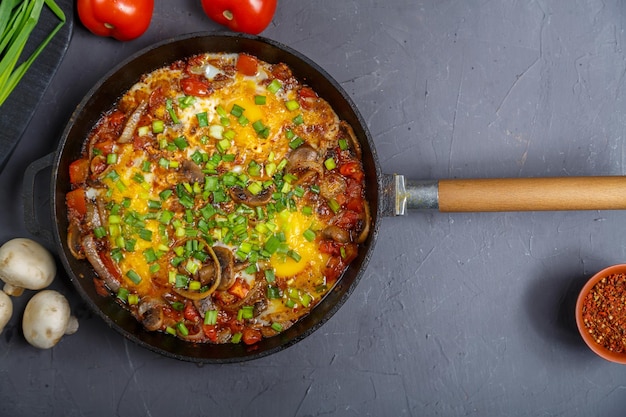 Shakshuka heiß mit Kräutern in einer Pfanne auf grauem Hintergrund