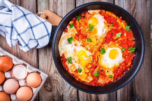 Shakshuka Huevos fritos con tomate pimentón y perejil sobre mesa de madera