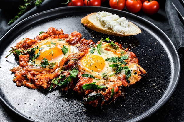 Shakshuka, huevos revueltos con tomate y verduras.