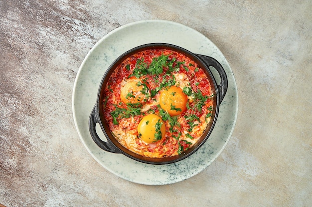 Shakshuka israelí de huevos revueltos con tomates y cebollas. primer plano, enfoque selectivo