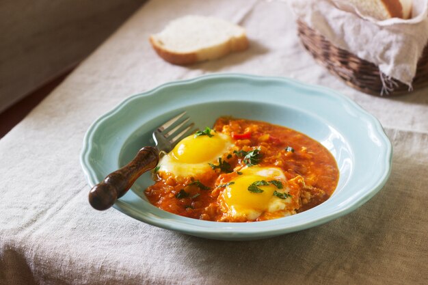 Shakshuka mit Brot auf einem Holztisch. Nahöstliches traditionelles Gericht. Hausgemacht. Tiefenschärfe.