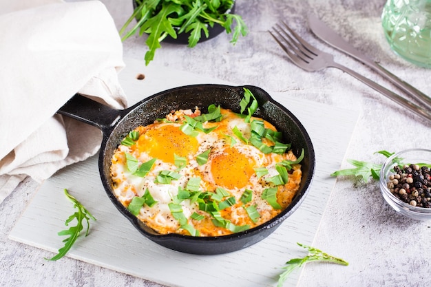 Shakshuka mit pochierten Eiern in würziger Tomaten-Pfeffer-Sauce und Rucola in einer Pfanne auf dem Tisch