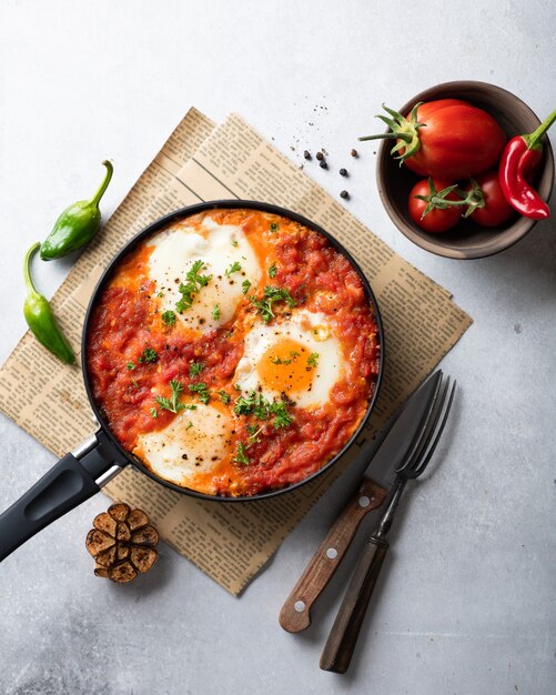 Shakshuka mit Spiegeleiern und Gemüse