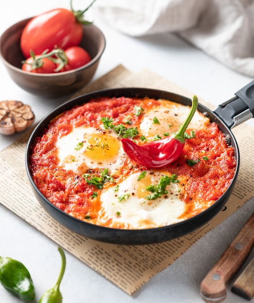 Shakshuka mit Spiegeleiern und Gemüse