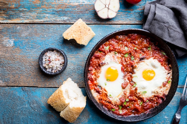 Shakshuka, ovo frito em molho de tomate na frigideira de ferro