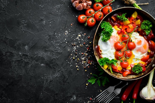 Shakshuka Ovos com tomate e legumes em uma frigideira Café da manhã Vista superior Espaço livre para o seu texto