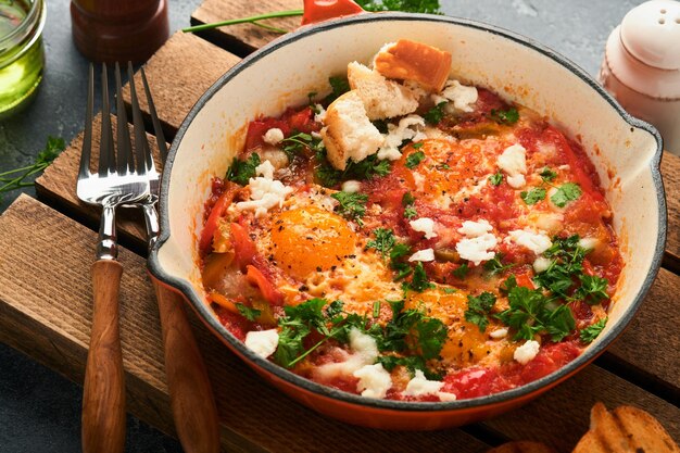 Shakshuka Ovos fritos caseiros escalfados em molho de tomates azeite pimentas cebola e alho em frigideira de ferro no antigo fundo de ardósia cinza Cozinha tradicional de Israel Conceito de café da manhã tardio