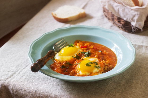 Shakshuka con pan en una mesa de madera. Plato tradicional del Medio Oriente. Hecho en casa. Enfoque selectivo.