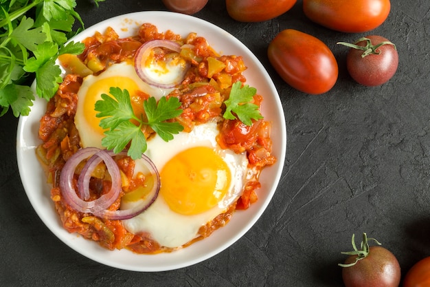 Foto shakshuka, un plato tradicional israelí. huevo al lado soleado con tomates guisados.