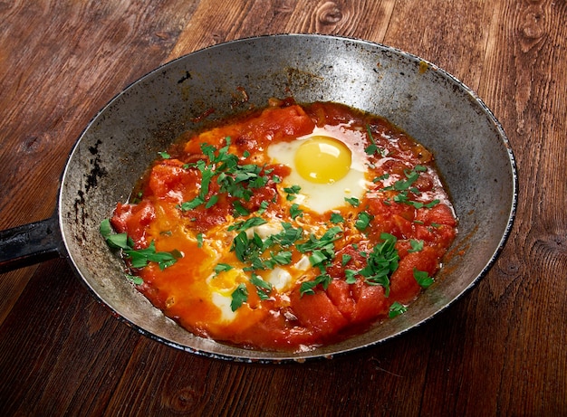 Shakshuka - prato de ovos escaldados em molho de tomate, pimenta malagueta e cebola, geralmente temperado com cominho. cozinha tradicional marroquina, tunisina, líbia, argelina e egípcia