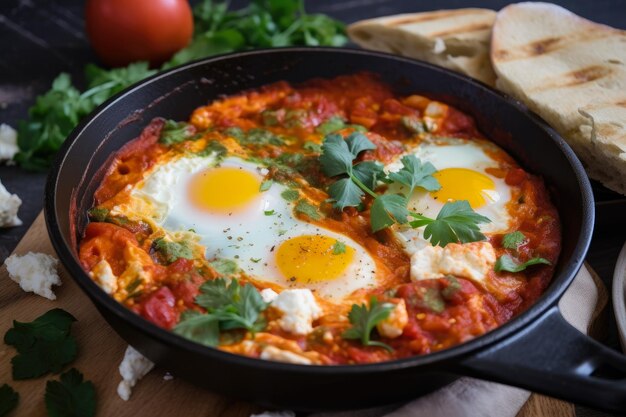 Shakshuka rústico con queso Halloumi crujiente y pan de pita