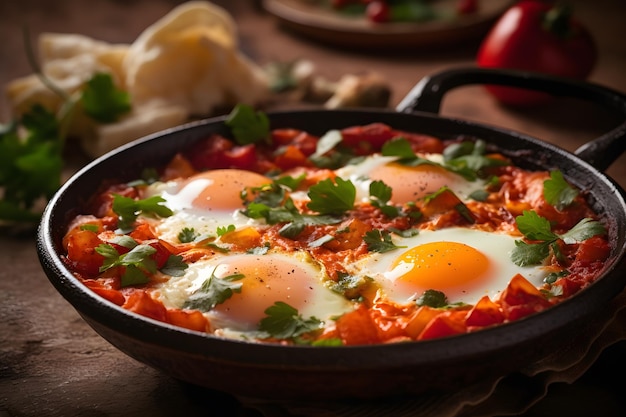 Shakshuka saboroso e indulgente com ovos e molho de tomate Generative AI