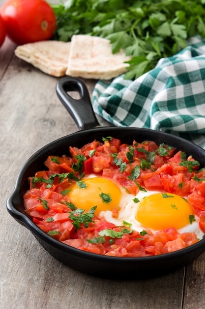 Shakshuka en sartén de hierro sobre mesa de madera Comida típica en Israel.