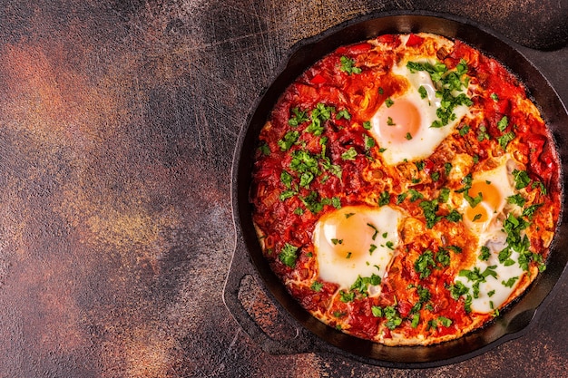 Shakshuka en una sartén. Huevos escalfados en salsa picante de tomate y pimiento.