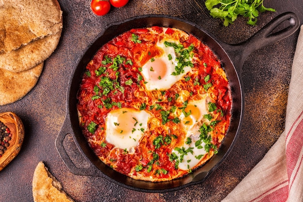 Shakshuka en una sartén. Huevos escalfados en salsa picante de tomate y pimiento.