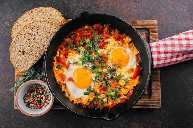 Shakshuka en una sartén Plato tradicional del Medio Oriente Huevos fritos con salsa de tomate Vista superior