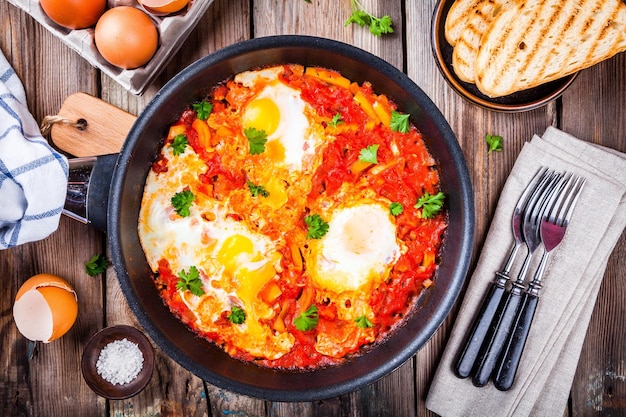 Shakshuka Spiegeleier mit Tomatenpaprika und Petersilie auf Holztisch