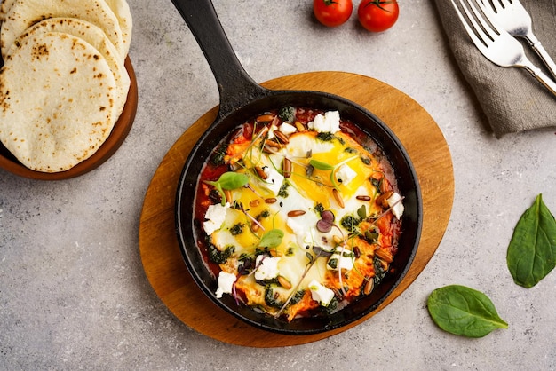 Shakshuka tradicional com tomate de ovo ensolarado e pão servido em frigideira isolada na vista superior da mesa do café da manhã árabe