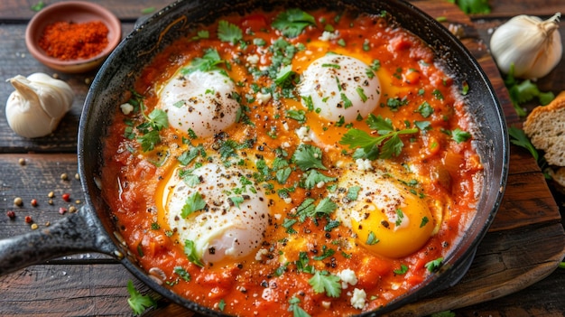 Shakshuka tradicional em frigideira de ferro fundido Ovos cozidos em molho de tomate picante adornado com