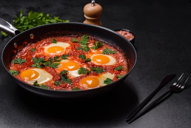 Shakshuka um prato com ovos fritos com molho de tomate pimentão alho cebola especiarias e ervas