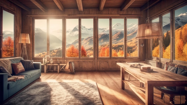 Shalet aconchegante interior de casa de madeira no alto de montanhas rústica sala de estar AI ilustração generativa