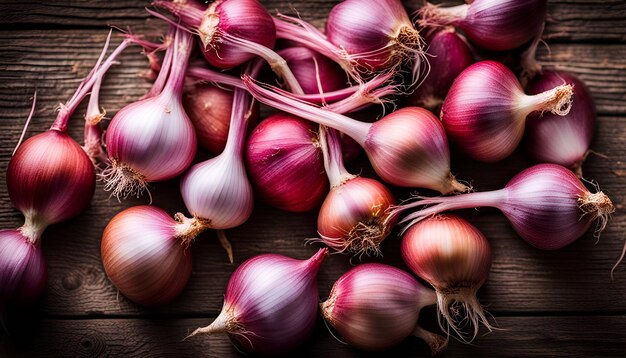 Shallots em fundo de madeira