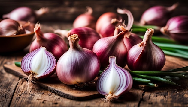 Shallots em fundo de madeira