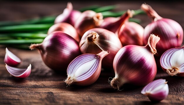 Foto shallots sobre un fondo de madera