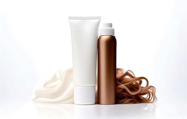 Foto shampoo bottle and light brown one long wavy lock of hair isolated on a white background