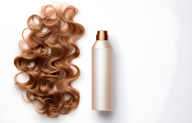 Foto shampoo bottle and light brown one long wavy lock of hair isolated on a white background