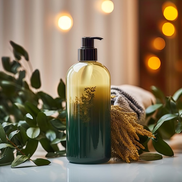 Shampoo-Flasche im Stil einer Mockup-Flüssigseifen-Pumpflasche im heimischen Badezimmer, Körperwasch- und Pflege-Co