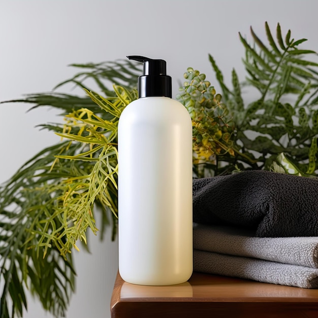 Shampoo-Flasche im Stil einer Mockup-Flüssigseifen-Pumpflasche im heimischen Badezimmer, Körperwasch- und Pflege-Co