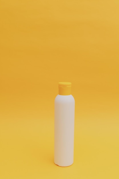 Shampoo para cabelos em uma embalagem branca com uma tampa amarela em um monocromático de fundo amarelo