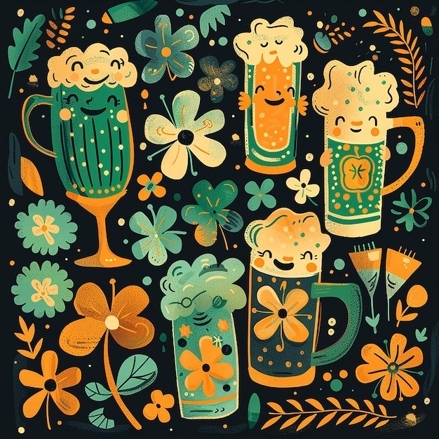 Shamrock y cerveza con ilustraciones de fondo verde en el día de San Patricio