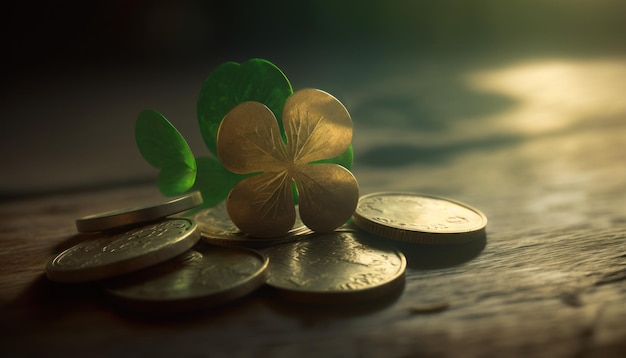 Shamrock com moedas de ouro em cima da mesa