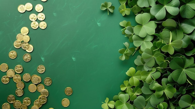 Shamrock e moedas de ouro em fundo verde espaço de texto de conceito do dia de Patricks