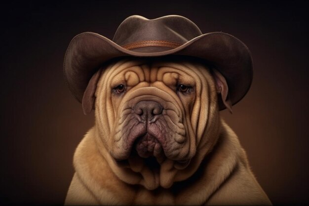 Shar pei cão com um chapéu de cowboy vista frontal IA generativa