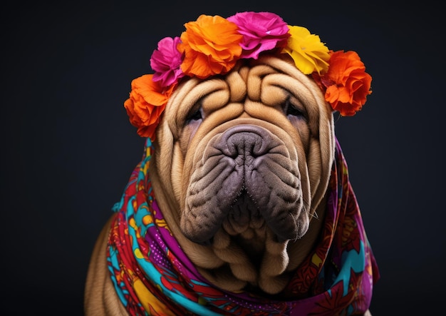 Un Shar Pei chino adornado con un pañuelo colorido luciendo elegante y encantador.