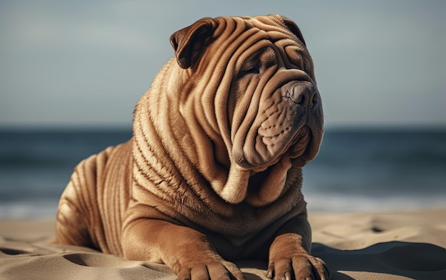 Shar pei está sentado na praia profissional publicidade post foto ai gerado