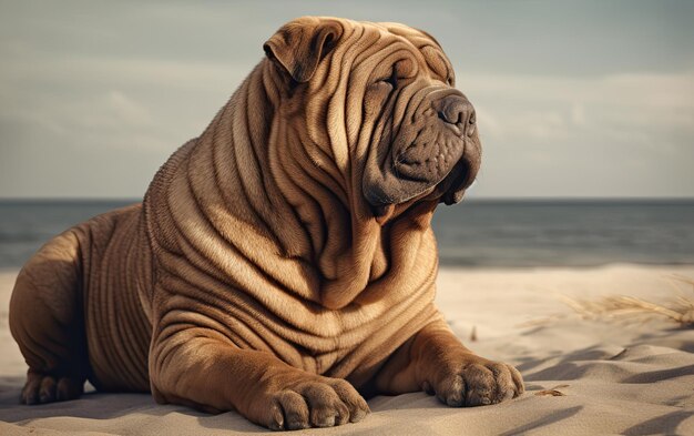 Shar pei está sentado na praia profissional publicidade post foto ai gerado