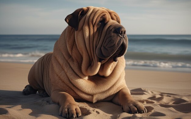 Shar Pei está sentado en la playa profesional publicación de publicidad foto ai generado