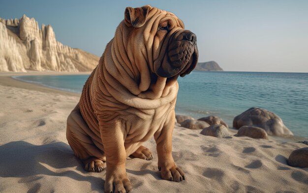 Shar Pei está sentado en la playa profesional publicación de publicidad foto ai generado