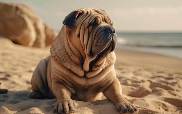 Shar Pei está sentado en la playa profesional publicación de publicidad foto ai generado