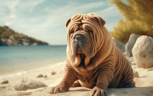 Foto shar pei está sentado en la playa profesional publicación de publicidad foto ai generado