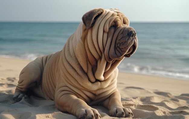 Foto shar pei está sentado en la playa profesional publicación de publicidad foto ai generado