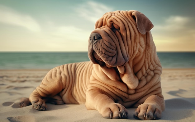 Foto shar pei está sentado en la playa profesional publicación de publicidad foto ai generado